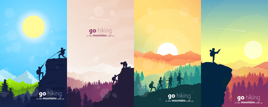 Adventure. Hiking tourism. Travel concept of discovering, exploring, and observing nature. Minimalist graphic flyers. Polygonal flat design for coupons, vouchers, gift cards. Vector illustrations set.