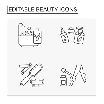Beauty line icons set. Aloe vera shawer gel, sanitizer, natural cosmetic, manicure tools and legs moisturizing. Spa concept. Isolated vector illustration. Editable stroke