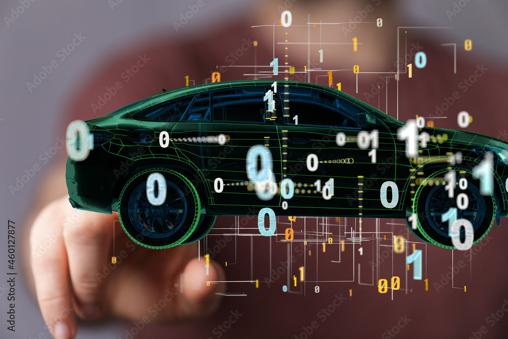 Poster electric car icon from lines, triangles and particle style