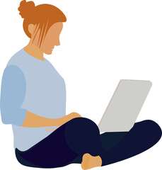 mujer sentada en el piso con las piernas cruzadas trabajando con su pc . fondo transparente