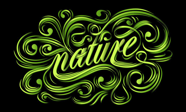 Affiche écologique, graphique et typographique d’un dessin du mot « nature ».