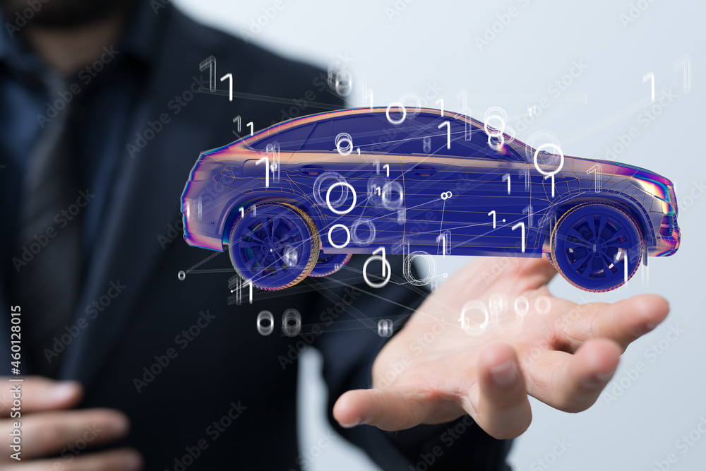 Poster electric car icon from lines, triangles and particle style