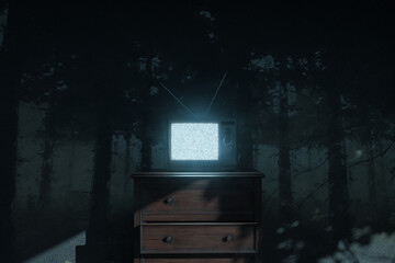 3d rendering of a haunted room with an old television with bright static screen