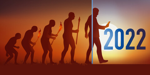 Cette carte de vœux reprend la théorie de l’évolution de Darwin en aboutissant au temps modernes et l’homme d’aujourd’hui qui tient un smartphone dans sa main.