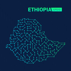 Abstract futuristic map of Ethiopia. Electric circuit of the country. Technology background.