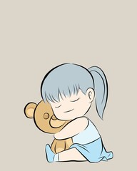Little girl hug her doll. vector illustration isolated cartoon hand drawn