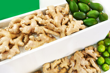 Ginger root on counter in the store