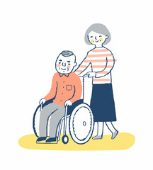 車椅子のシニア男性とシニア女性