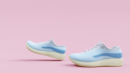 Blue sneakers shoe. Character is moving forward on the yellow background. Copy space for your text. Pastel color concept, 3D Render.