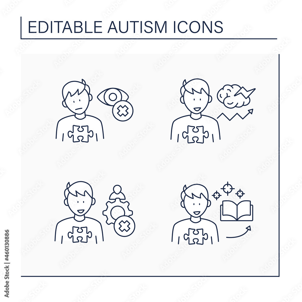 Poster autism spectrum disorder line icons set.inappropriate social interaction, eye contact avoidance, foc