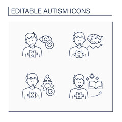 Autism spectrum disorder line icons set.Inappropriate social interaction, eye contact avoidance, focus on one topic.Neurodevelopmental disorder concept. Isolated vector illustration.Editable stroke
