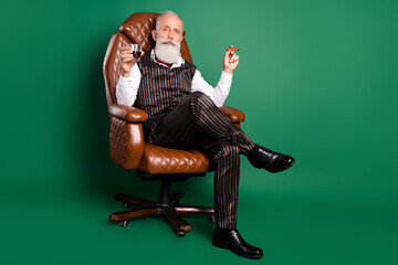 Photo of rich english gentleman sit chair drink whiskey smoke cigar wear striped suit on green...