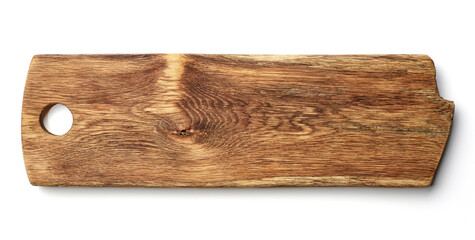 Wooden cutting board on white background, from above