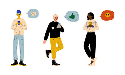 Young Man and Woman with Smartphone Engaged in Social Media and Online Networks Communication Vector Set