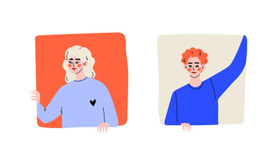 Obraz premium Young Redhead Man and Blond Woman Looking Out of Square Window Vector Set