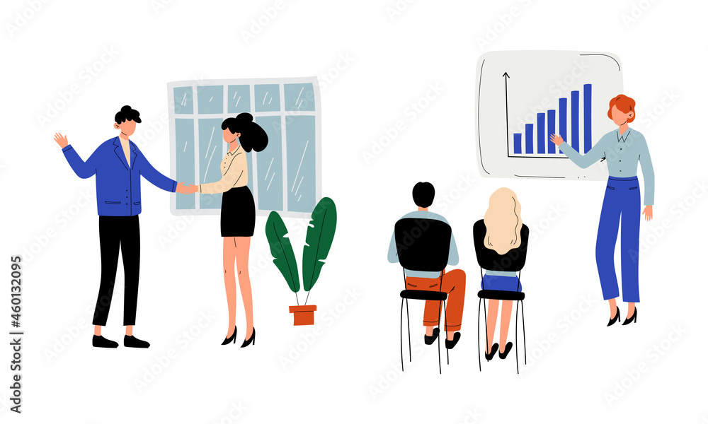 Poster man and woman office worker shaking hands discussing business and showing presentation vector set
