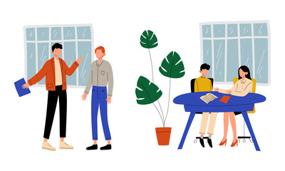 Man and Woman Office Worker Sitting at Desk and Discussing Business Vector Set