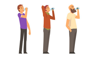 Fototapeta premium People Character Standing and Drinking Water from Plastic Bottle Vector Set