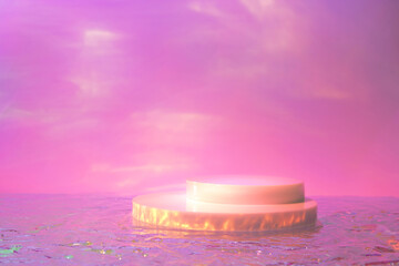 Abstract surreal scene - empty stage with cylinder podiums on holographic pastel pink colored...
