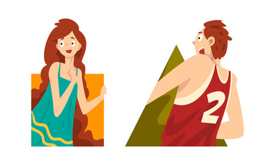 Man and Woman Looking Out from Geometric Shape Vector Set
