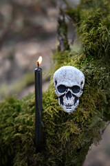 Black candle and Human skull amulet on dark natural forest background. magical esoteric ritual....