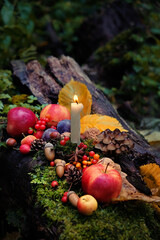 candle, fruits and nuts on natural forest background. magical esoteric ritual. altar for mabon sabbat. Mysticism, wicca, occultism, Witchcraft concept. symbol of autumn harvest. Thanksgiving holiday - obrazy, fototapety, plakaty