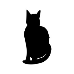 black silhouette of a cat with a long fluffy plush tail, white background