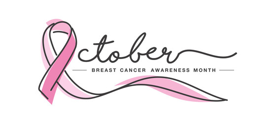 October Breast cancer awareness month handwritten typography creative pink ribbon symbol line design vector illustration banner - obrazy, fototapety, plakaty