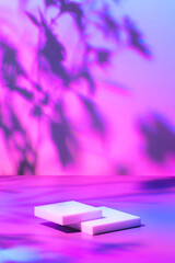 Abstract surreal scene - empty stage with two rectangle white podiums lying on pastel neon...