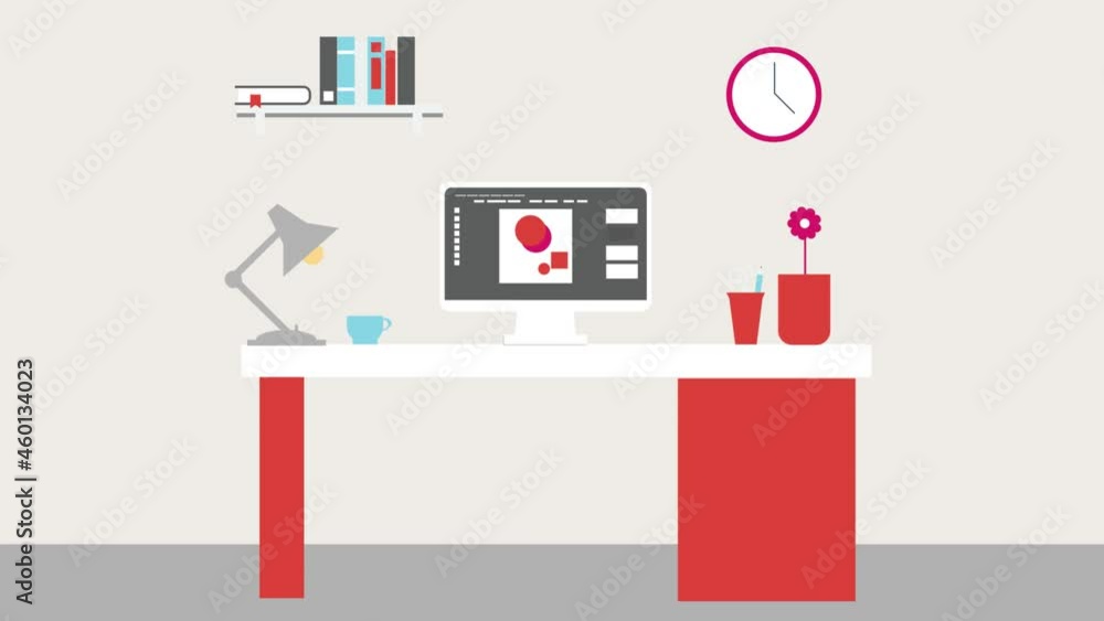 Poster a 2d animation of a room interior with a computer on the desk and a bookshelf