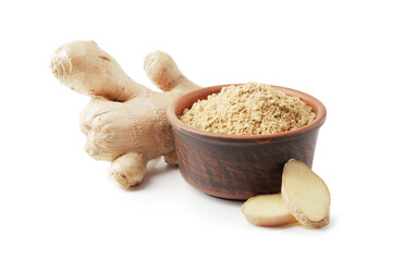 Dry and fresh ginger in bowl isolated on white background