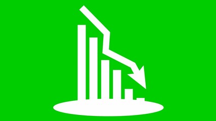 Animated white chart of financial decline with a trend line chart. Economic crisis, recession, decrease graph. Bar chart. Profit down. Vector illustration isolated on green background.