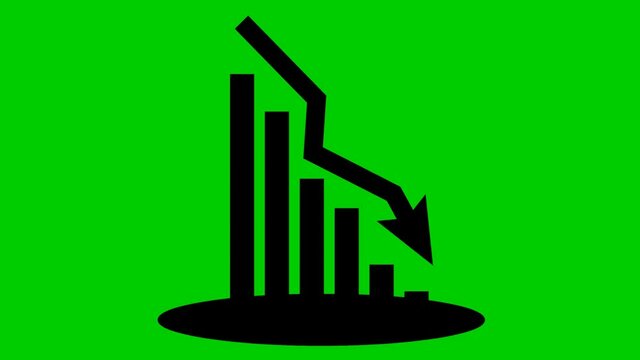 Animated black chart of financial decline with a trend line chart. Economic crisis, recession, decrease graph. Bar chart. Profit down. Vector illustration isolated on green background