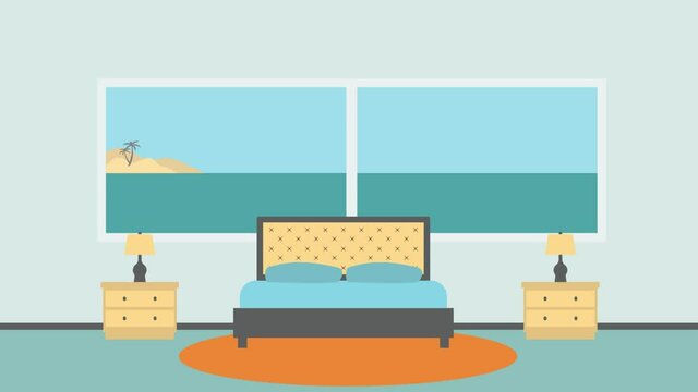 A 2D animation of a bedroom interior with a mesmerizing view to the small island on the seawater