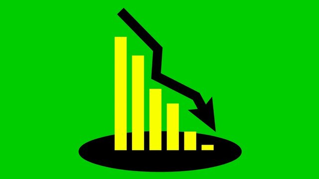 Animated yellow chart of financial decline with a trend line chart. Economic crisis, recession, decrease graph. Bar chart. Profit down. Vector illustration isolated on green background.