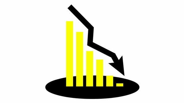 Animated yellow chart of financial decline with a trend line chart. Economic crisis, recession, decrease graph. Bar chart. Profit down. Vector illustration isolated on white background.