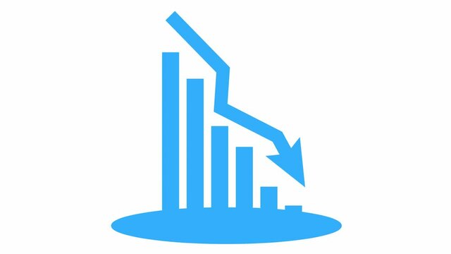 Animated blue chart of financial decline with a trend line chart. Economic crisis, recession, decrease graph. Bar chart. Profit down. Vector illustration isolated on white background.