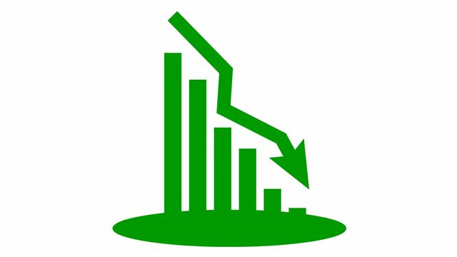 Animated green chart of financial decline with a trend line chart. Economic crisis, recession, decrease graph. Bar chart. Profit down. Vector illustration isolated on white background.