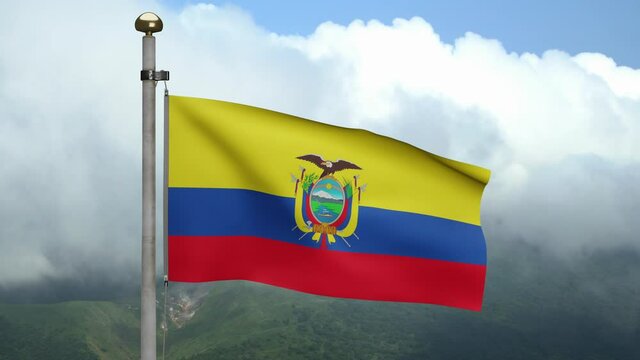 3D, Ecuadorian flag waving on wind at mountain. Close up of Ecuador banner blowing, soft and smooth silk. Cloth fabric texture ensign background.