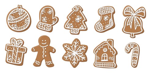 A set of ten gingerbread cookies of different shapes. Vector illustration. - obrazy, fototapety, plakaty