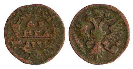 Copper coin of the Russian Empire. One denga (half kopek) 1734