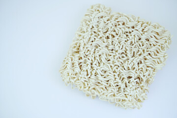 top view of Instant noodles on white background, quick noodle, Japanese ramen, pasta cooking food and beverage