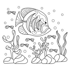 Coloring book for children , Underwater. Marine vector motif . Doodles of the underwater world, sea, ocean, river .