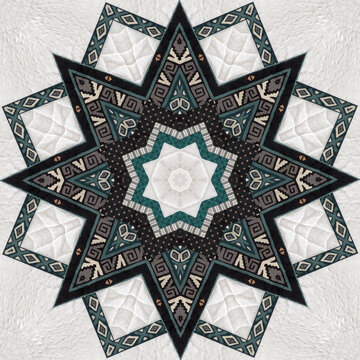 star pattern quilt design in square format, green, black, off-white pattern, repeatable