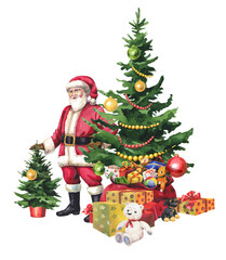 Watercolor santa claus with christmas tree and gifts