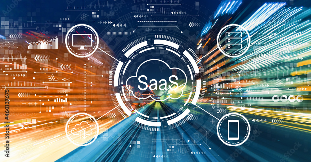 Poster saas - software as a service concept with abstract high speed technology motion blur
