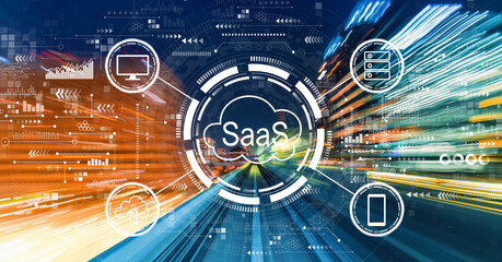 SaaS - software as a service concept with abstract high speed technology motion blur