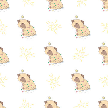 Christmas seamless pattern with the image of little cute puppies in the hat of Santa Claus.