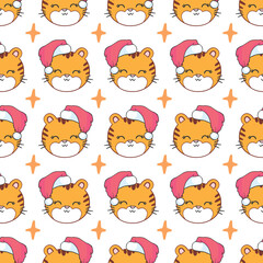 Tiger with deer horns and a New Year's hat. Christmas seamless pattern.