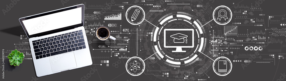 Poster e-learning concept with a laptop computer on a desk